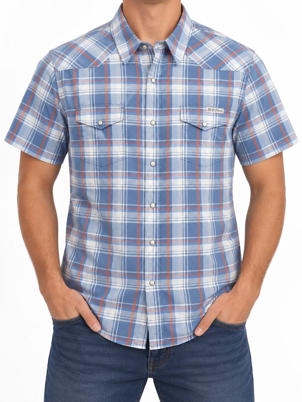 Lucky Brand Shirt Mens Large Blue Plaid Short Sleeve Western Snap Cotton Casual